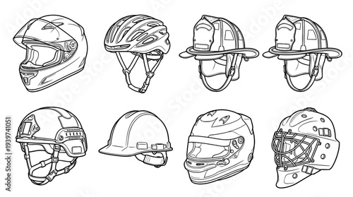 helmet , realistic line art vector set , white background , PNG and SVG isolate