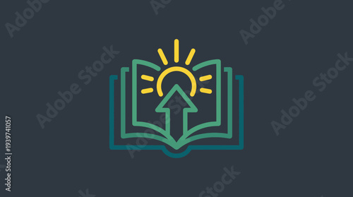 An open book illuminated by sunlight and an upward arrow symbolizes the pursuit of knowledge, learning, and growth, highlighting the enlightenment through education.