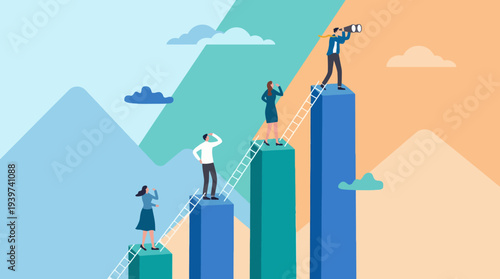 In this vibrant illustration, various individuals are depicted climbing tall, colorful bar charts while navigating their paths towards success and personal growth in a stylized manner.