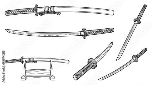 katana sword , realistic line art vector set , white background , PNG and SVG isolate