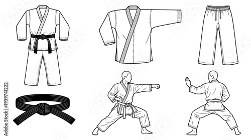 karate uniform , realistic line art vector set , white background , PNG and SVG isolate