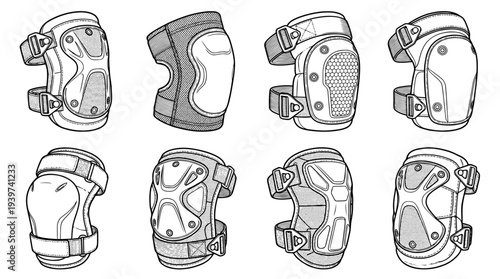 knee pad , realistic line art vector set , white background , PNG and SVG isolate