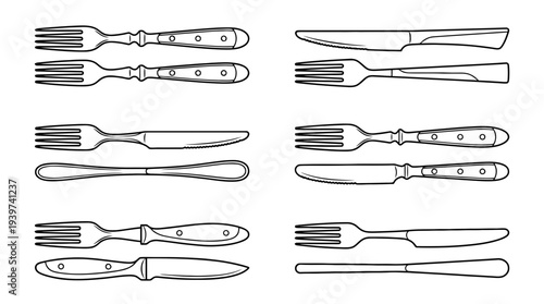 knife and fork , realistic line art vector set , white background , PNG and SVG isolate