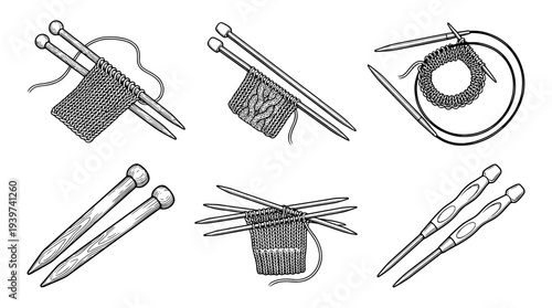 knitting needles , realistic line art vector set , white background , PNG and SVG isolate
