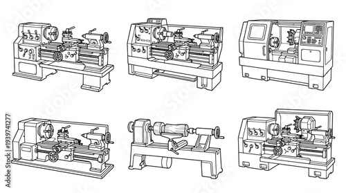 lathe machine , realistic line art vector set , white background , PNG and SVG isolate