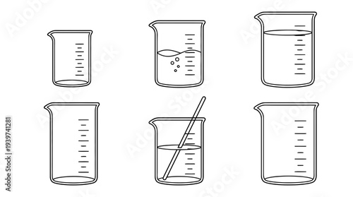 laboratory beaker , realistic line art vector set , white background , PNG and SVG isolate