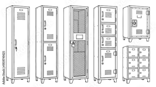 locker , realistic line art vector set , white background , PNG and SVG isolate