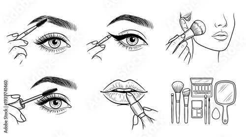 makeup artistry , realistic line art vector set , white background , PNG and SVG isolate