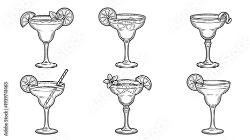 margarita glass , realistic line art vector set , white background , PNG and SVG isolate