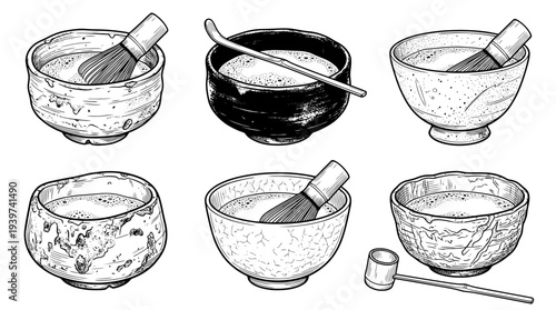 matcha bowl , realistic line art vector set , white background , PNG and SVG isolate