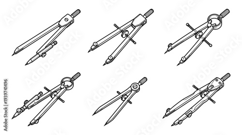 math compass , realistic line art vector set , white background , PNG and SVG isolate
