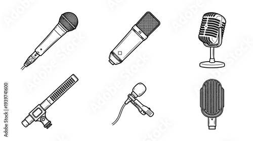 microphone , realistic line art vector set , white background , PNG and SVG isolate