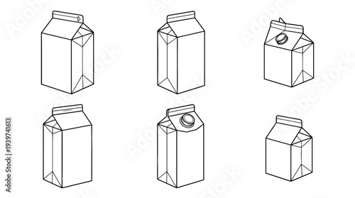 milk carton , realistic line art vector set , white background , PNG and SVG isolate