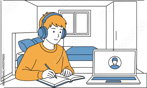 A young person studying remotely with headphones and a video call