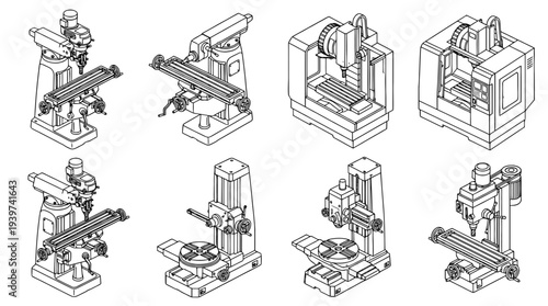 milling machine , realistic line art vector set , white background , PNG and SVG isolate