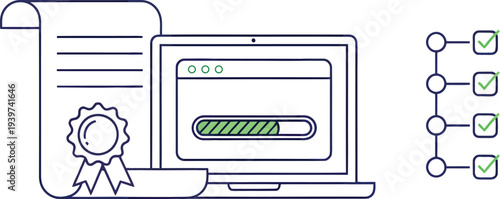 Online certification process with document laptop progress bar and completion checks