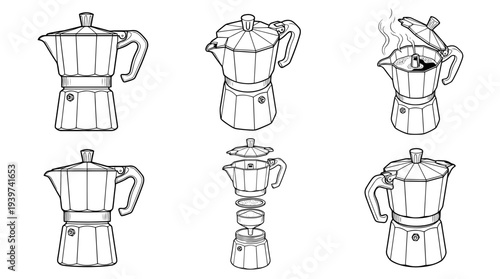 moka pot , realistic line art vector set , white background , PNG and SVG isolate