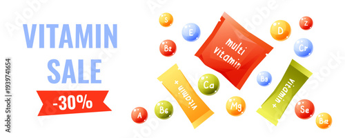 Vitamin Sale Banner with Vitamin Packets and Multivitamin Supplements