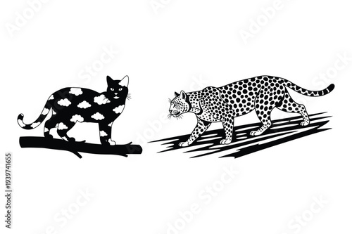 Stylized Cat with Clouds and Leopard Illustration