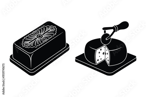 Butter Dish and Cheese Wheel with Slicer Illustration