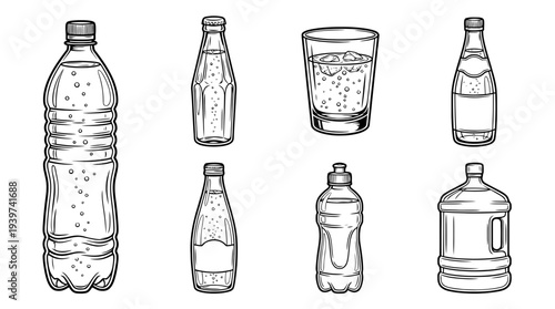 mineral water , realistic line art vector set , white background , PNG and SVG isolate