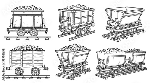 mining cart , realistic line art vector set , white background , PNG and SVG isolate