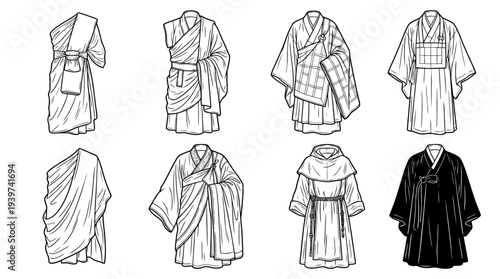 monk robe , realistic line art vector set , white background , PNG and SVG isolate