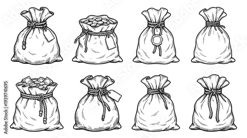money bag , realistic line art vector set , white background , PNG and SVG isolate