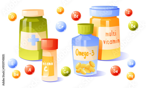 Omega-3 capsules and multivitamin bottles set, healthcare vitamin illustration