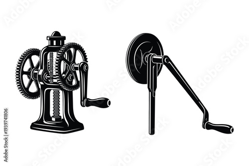 Manual Grinder and Crank Handle Silhouette Icons