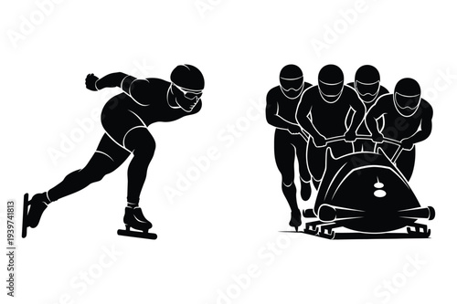 Speed Skater and Bobsled Team Silhouette Icons