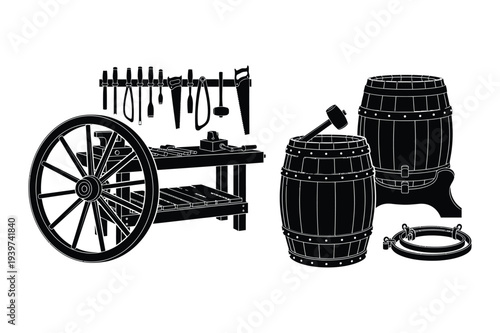 Cooperage Tools, Wagon Wheel, and Barrels
