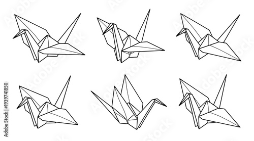 origami crane , realistic line art vector set , white background , PNG and SVG isolate