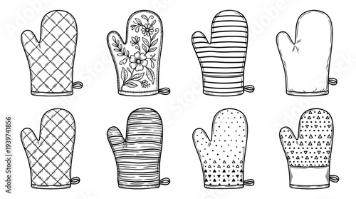 oven mitt , realistic line art vector set , white background , PNG and SVG isolate