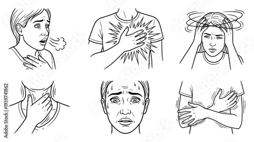 panic attack , realistic line art vector set , white background , PNG and SVG isolate