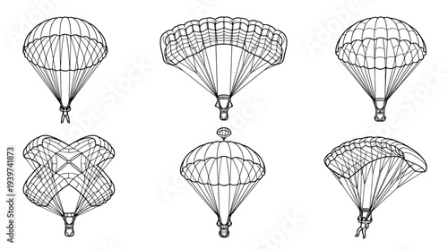 parachute , realistic line art vector set , white background , PNG and SVG isolate