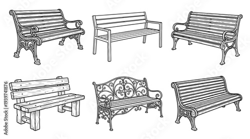 park bench , realistic line art vector set , white background , PNG and SVG isolate