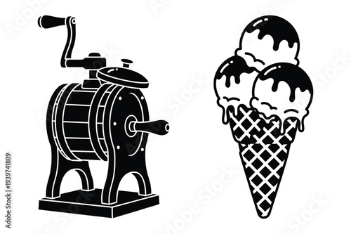 Vintage Ice Cream Maker and Cone Vector Illustration