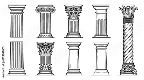 pillar , realistic line art vector set , white background , PNG and SVG isolate