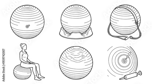 pilates ball , realistic line art vector set , white background , PNG and SVG isolate