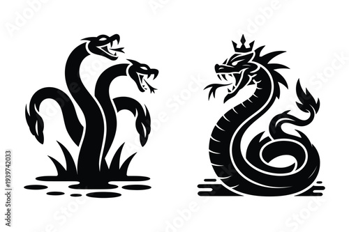 Hydra and Crowned Serpent Mythical Creature Silhouettes