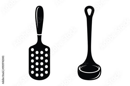 Kitchen Utensils Spatula and Ladle Black Silhouette Vector