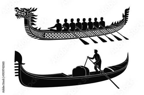 Dragon Boat and Gondola Vector Illustration Silhouette