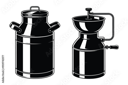Milk Cans and Coffee Grinder Black Silhouette Vector