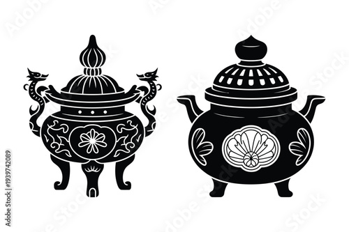 Incense Burner Dragon Design Black Silhouette Vector