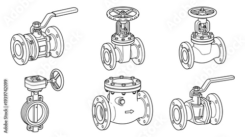 pipeline valve , realistic line art vector set , white background , PNG and SVG isolate