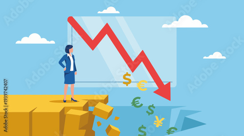 A corporate woman stands before a sharply declining graph, signifying economic downturn and the challenges faced in today’s volatile financial landscape for businesses.