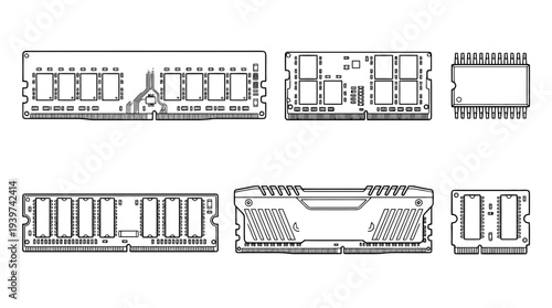 ram chip , realistic line art vector set , white background , PNG and SVG isolate