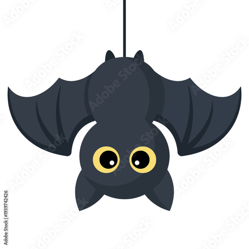 This adorable cartoon bat hangs upside down, showcasing its big eyes and cute design, perfect for Halloween or children's themes and projects with a friendly touch.