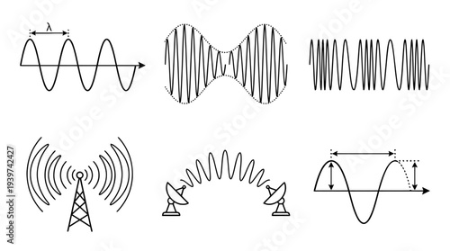 radio wave , realistic line art vector set , white background , PNG and SVG isolate
